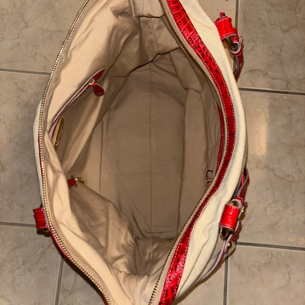 BRAHMIN MEGATOTE WINDJAMMER HANDBAG CREAM CANVAS & RED - Picture 7 of 9